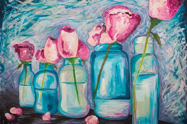“Spring Flowers in Mason Jars” 36x48 Acrylic on Canvas