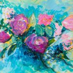 Acrylic Floral Painting featuring abstract pink flowers on a teal and yellow background.